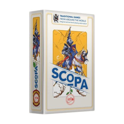 Scopa traditional Italian card game box front by IELLO with knight artwork and yellow cover design