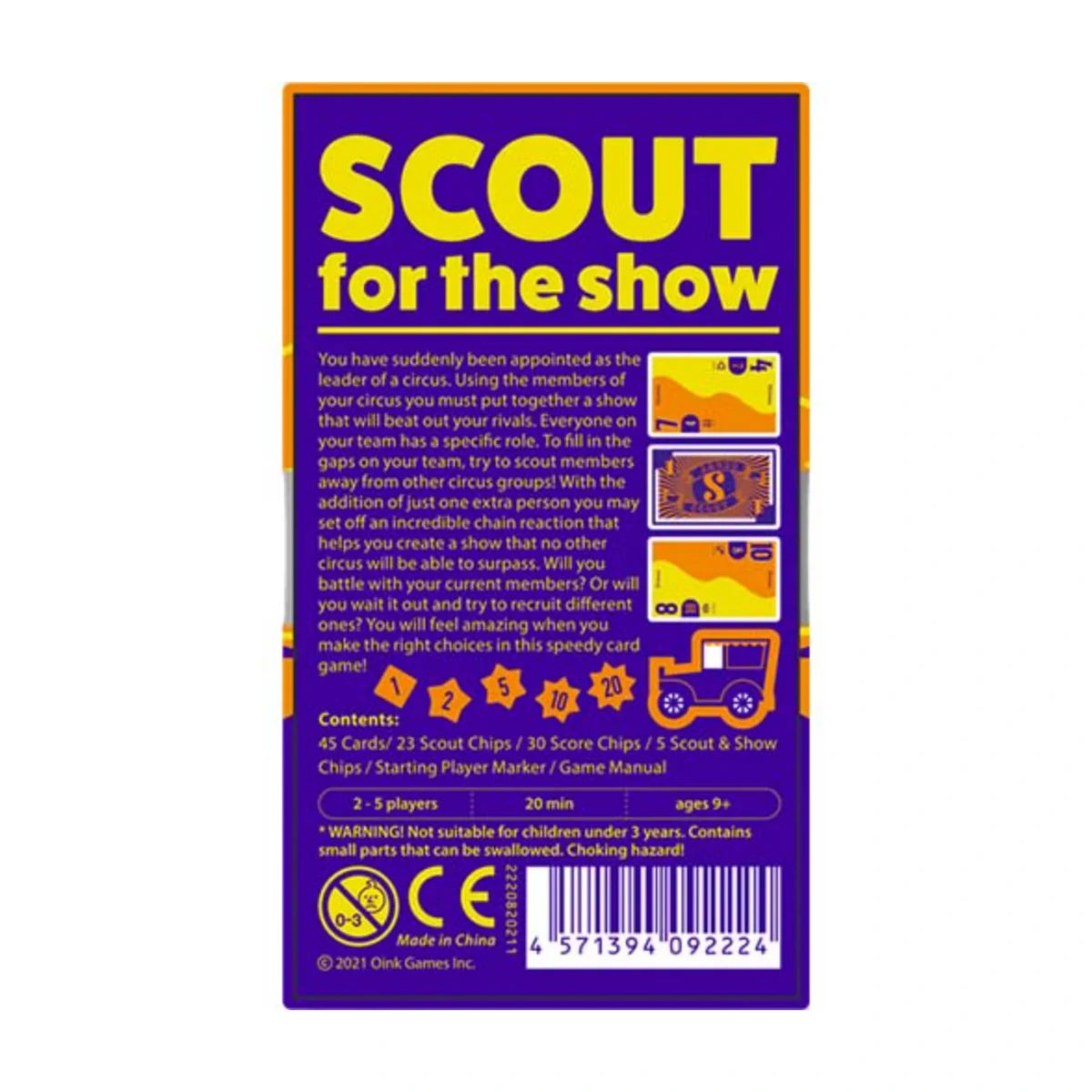 Scout card game box back with contents and game details