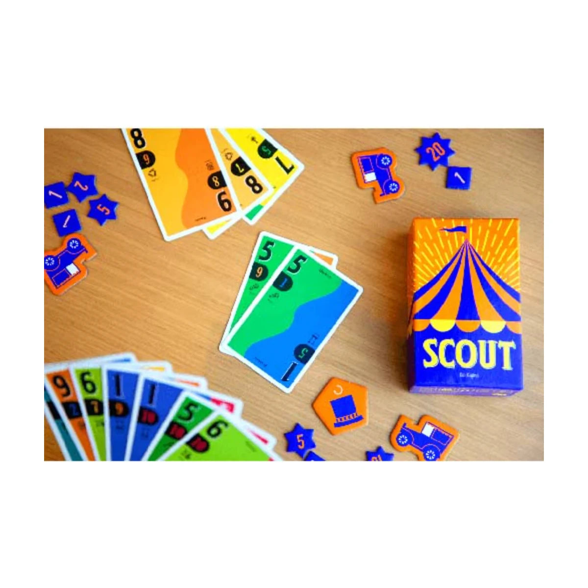 Scout card game cards chips and box on table