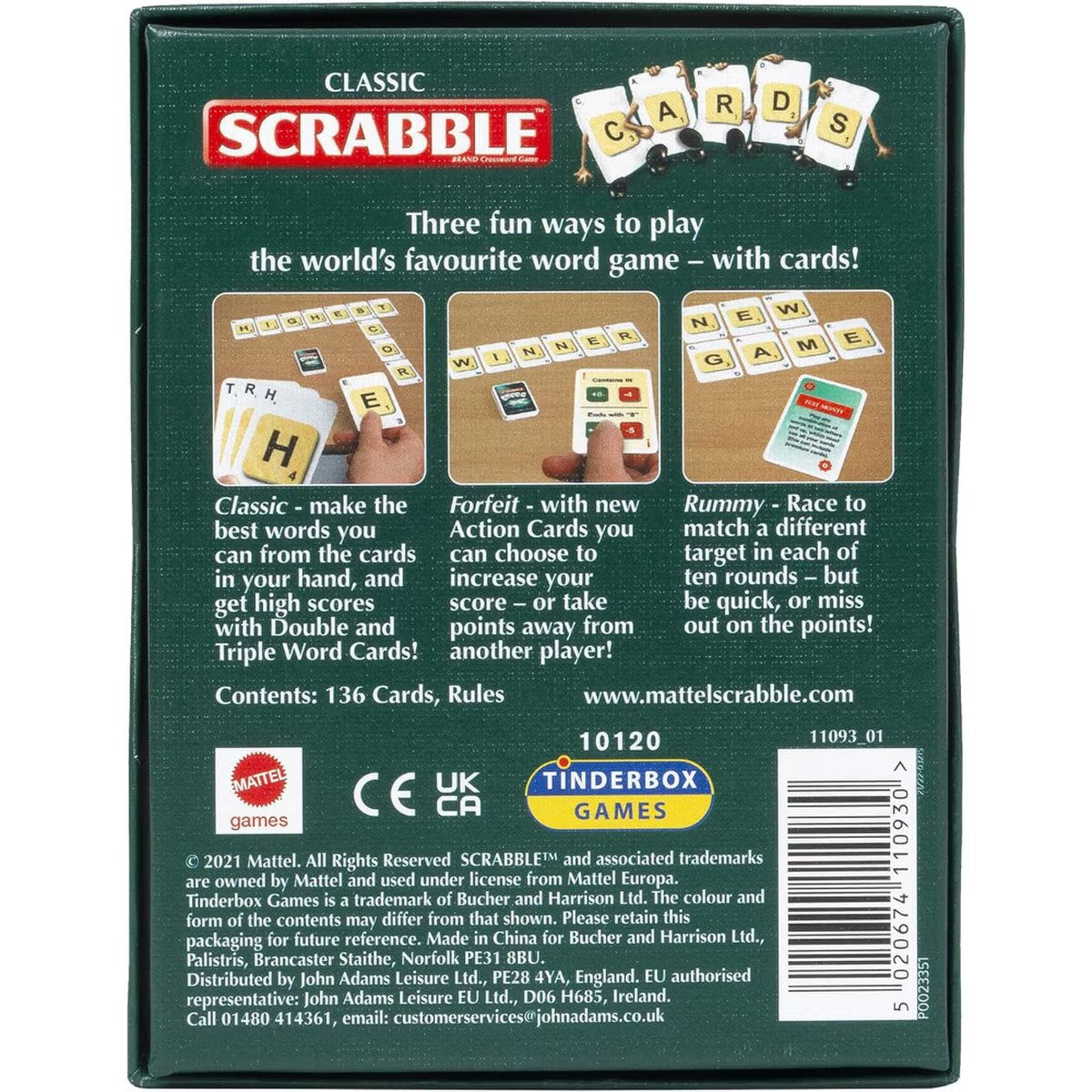 Back of Scrabble Cards box showing Classic, Forfeit, and Rummy game modes