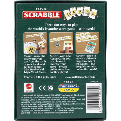 Back of Scrabble Cards box showing Classic, Forfeit, and Rummy game modes