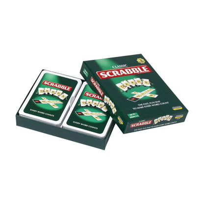 Open box of Scrabble Cards showing the card decks