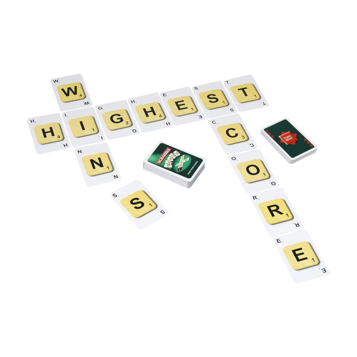 Scrabble Cards gameplay layout with words formed from letter cards