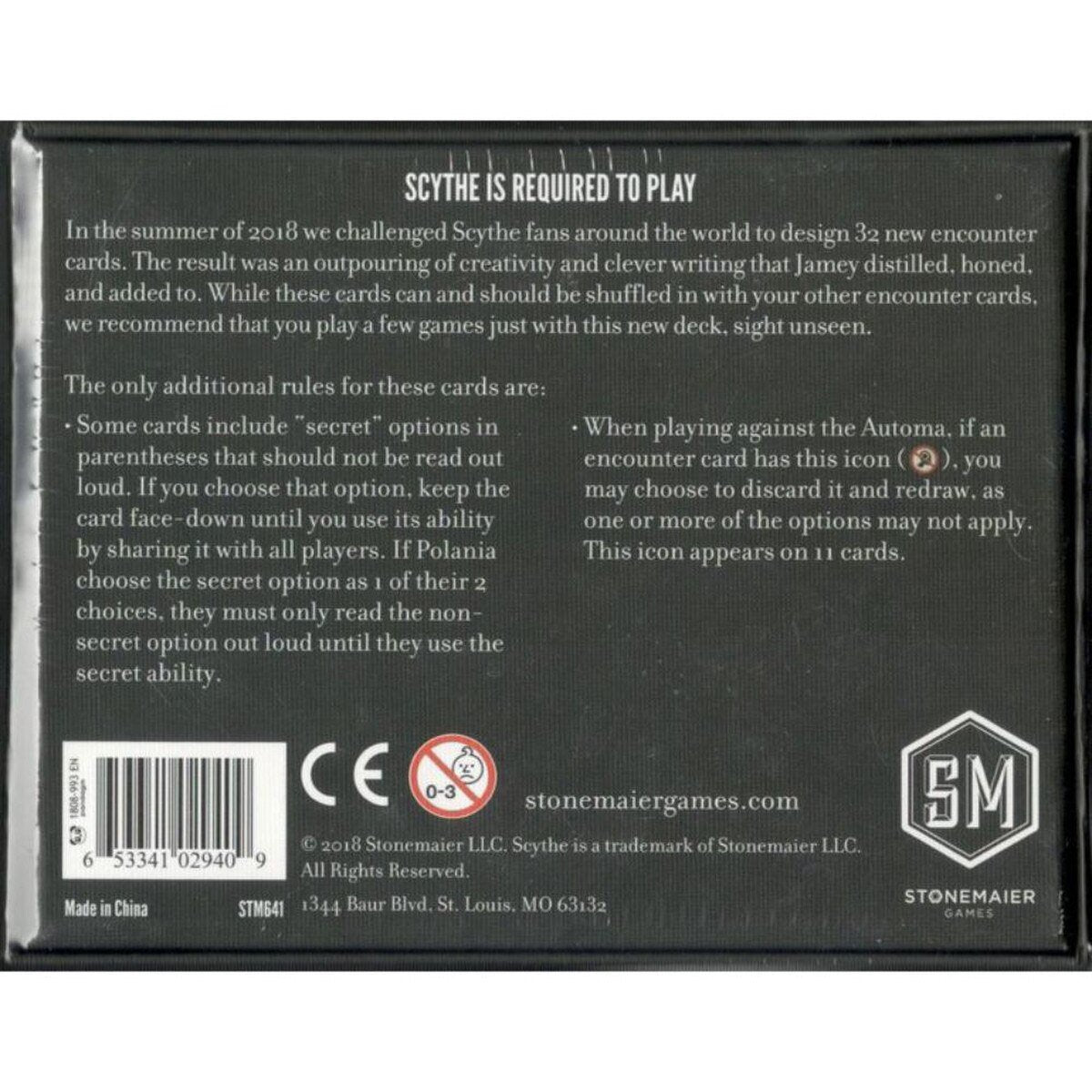 Scythe Encounters expansion back of box showing rules and base game requirement