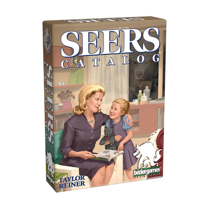 Seers Catalog card game box front by Bézier Games showing a strategic almost-shedding card game with werewolf theme