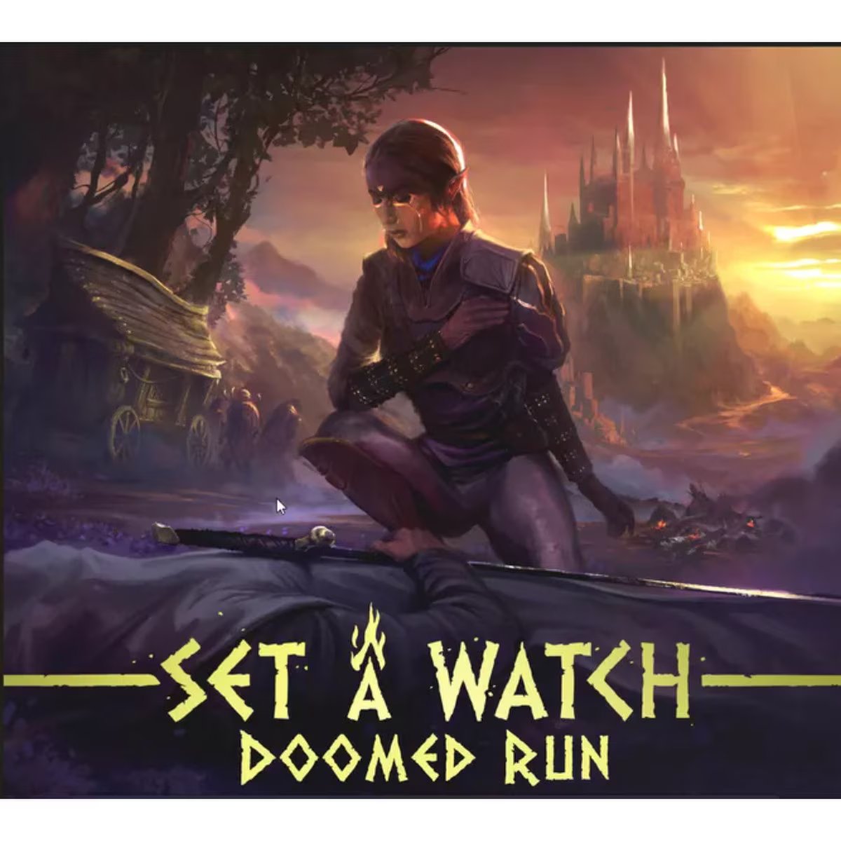 Set a Watch Doomed Run campaign expansion artwork showing a wounded fantasy Adventurer near a castle at sunset