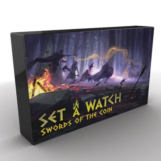 Set a Watch Swords of the Coin cooperative board game box featuring fantasy adventurers defending a camp from creatures in a dark forest