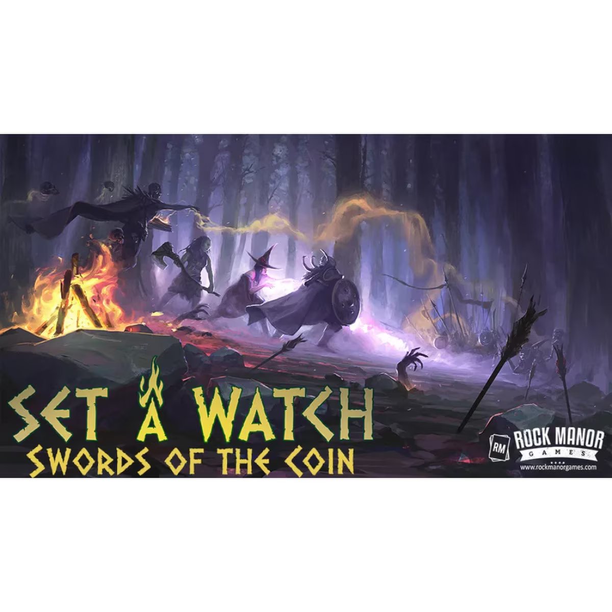 Set a Watch Swords of the Coin cover artwork showing fantasy adventurers battling creatures beside a campfire in a dark forest