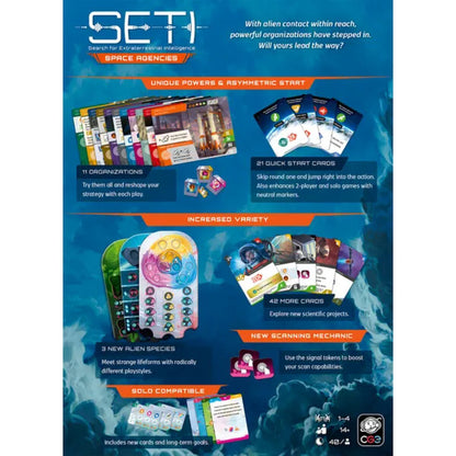 SETI Space Agencies Expansion back of box showing organizations quick start cards aliens and signal tokens