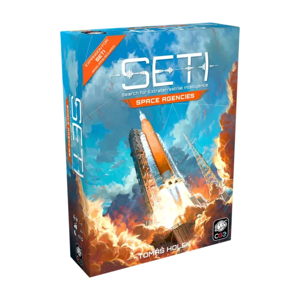 SETI Space Agencies Expansion board game box front showing rocket launch artwork
