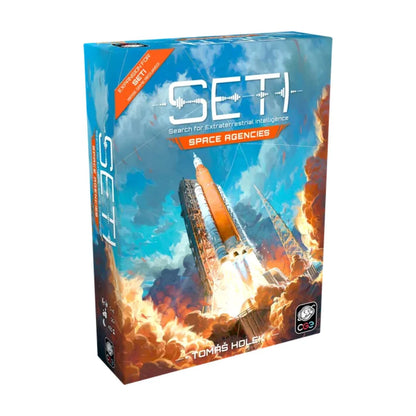 SETI Space Agencies Expansion board game box front showing rocket launch artwork