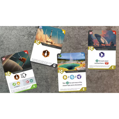 SETI board game card close-up showing science project cards, probe actions and observatory effects for space strategy gameplay