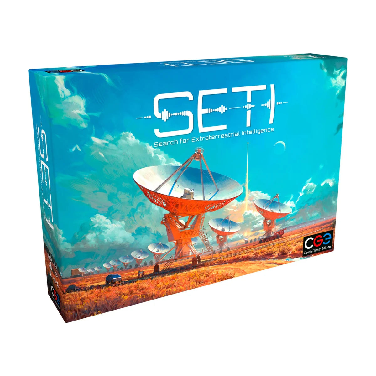 SETI Search for Extraterrestrial Intelligence angled box showing radio telescope artwork for the Czech Games Edition space strategy game