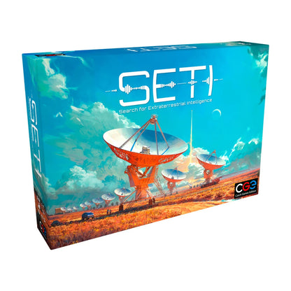 SETI Search for Extraterrestrial Intelligence angled box showing radio telescope artwork for the Czech Games Edition space strategy game