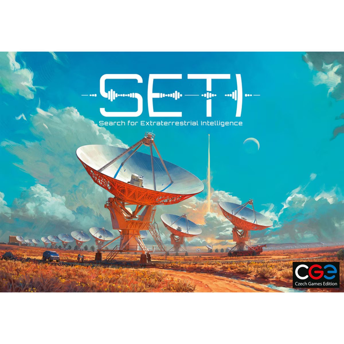 SETI Search for Extraterrestrial Intelligence front cover artwork with radio telescopes and bright space exploration theme