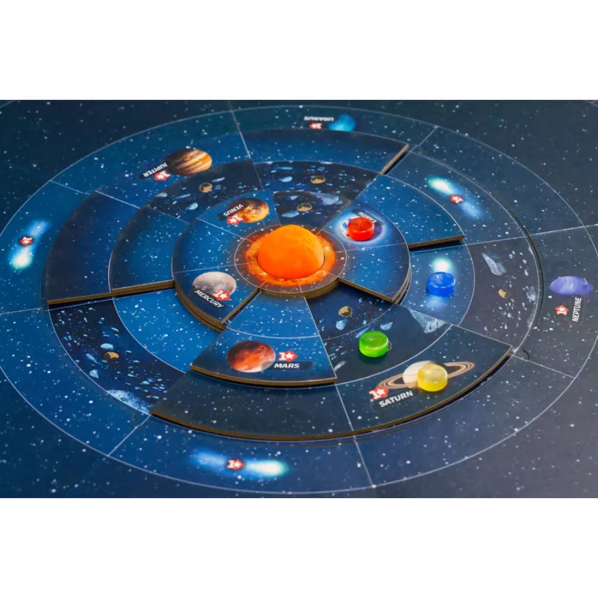 SETI board game rotating Solar System setup with planets, orbit tracks, player markers and space exploration gameplay components