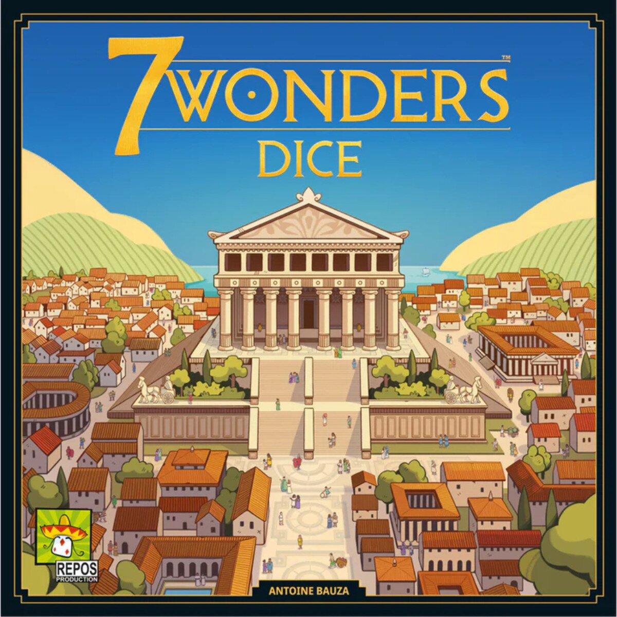 7 Wonders Dice front cover artwork featuring an ancient city and temple for the family civilization dice board game