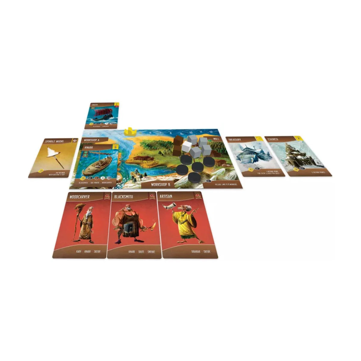 Shipwrights of the North Sea gameplay setup with player board, Viking ships, craftsmen, buildings and resource tokens