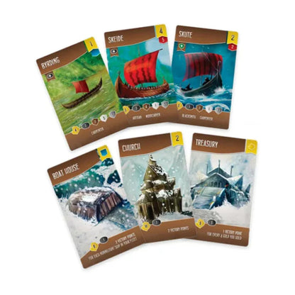 Shipwrights of the North Sea ship and building cards showing Viking vessels, Boat House, Church and Treasury