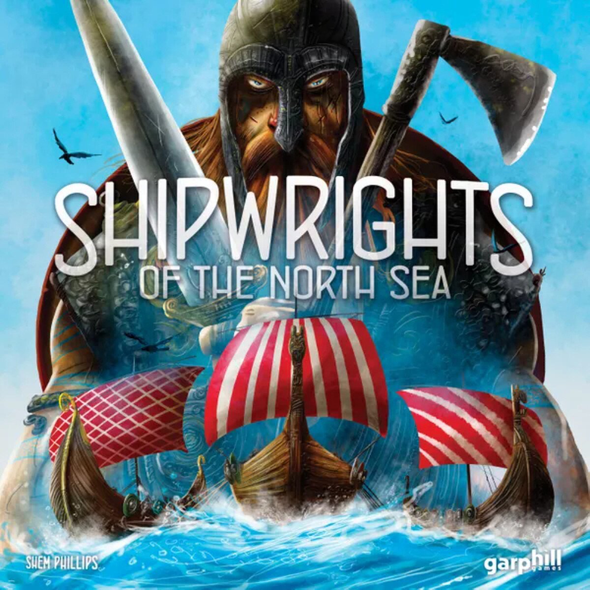 Shipwrights of the North Sea board game cover artwork featuring a Viking shipwright and longships at sea