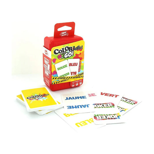 Shuffle Go Color Addict card game pack with colour word cards for quick family matching play