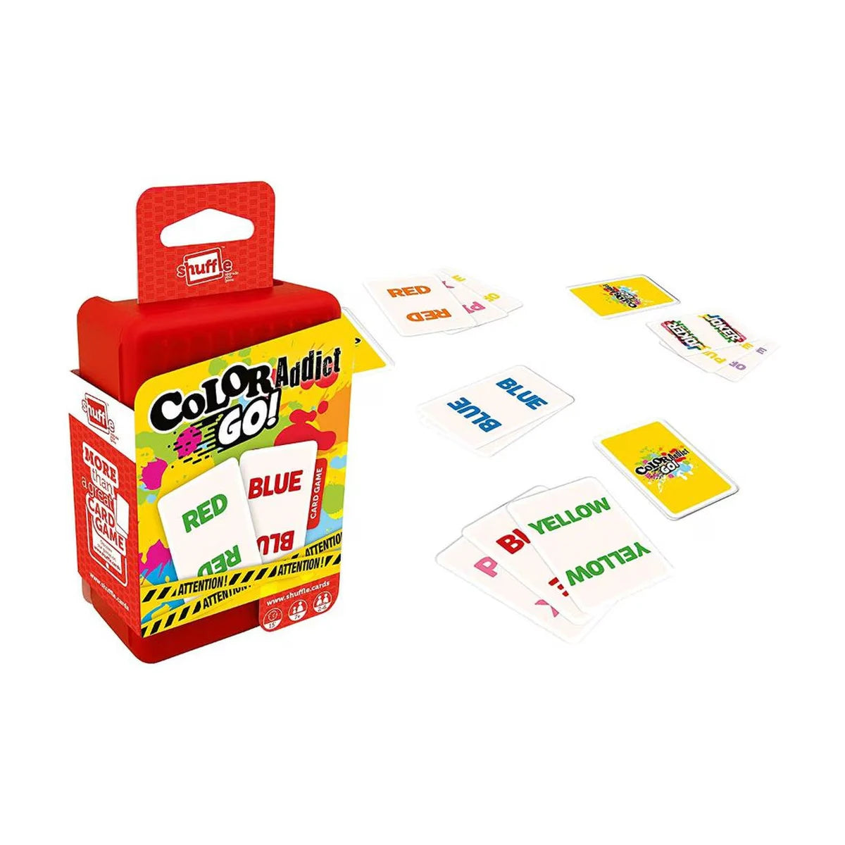 Shuffle Go Color Addict Go card game showing colour matching cards for 2 to 6 players