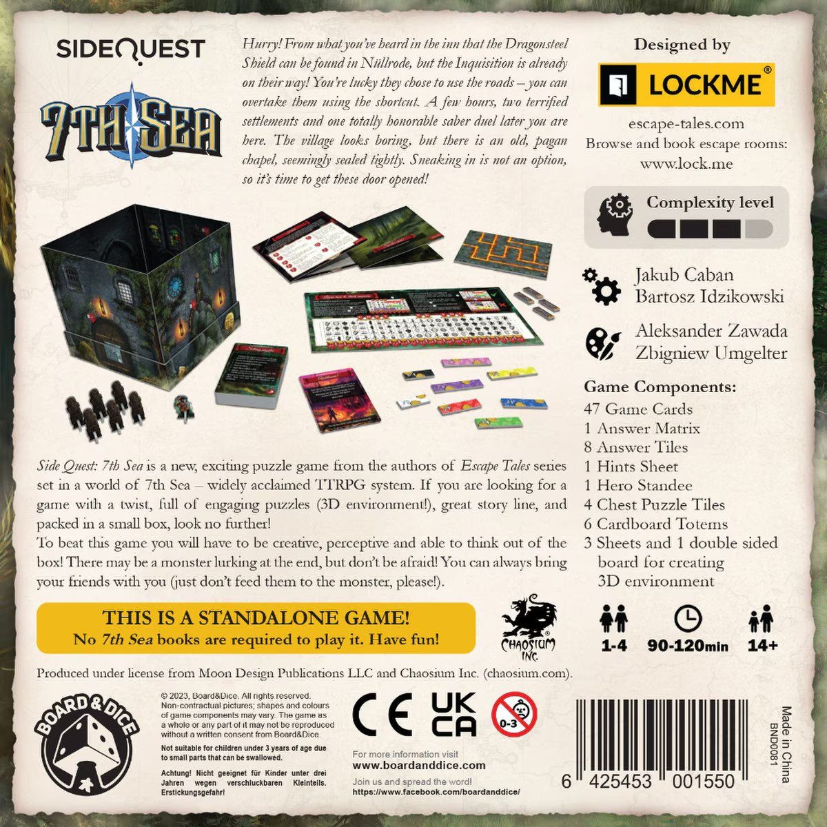 Side Quest 7th Sea box back showing puzzle cards, Answer Matrix, Hero Standee, tiles and components for creating the 3D environment