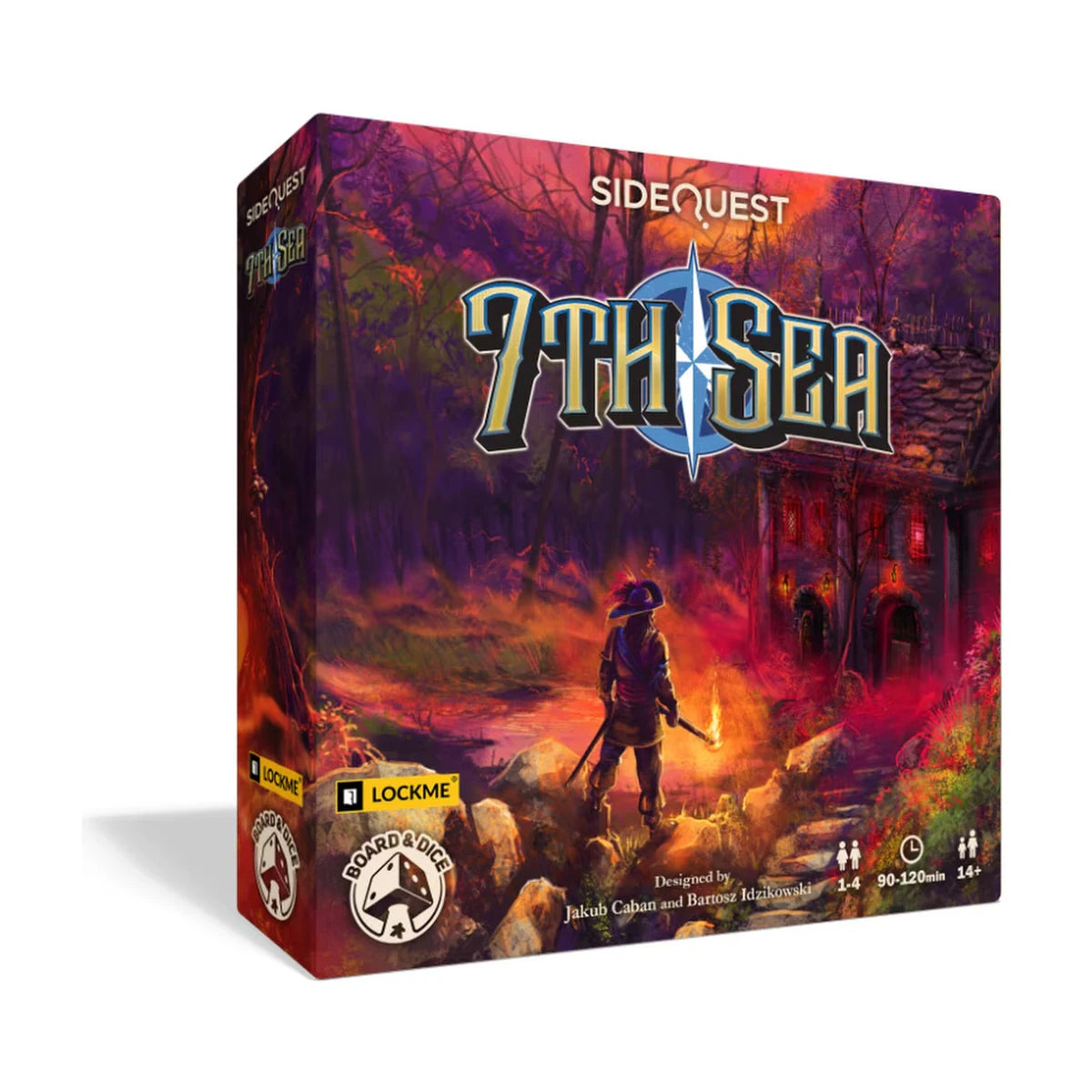 Side Quest 7th Sea cooperative puzzle game box showing an adventurer carrying a torch towards a mysterious building in a colourful forest