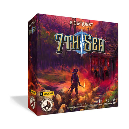 Side Quest 7th Sea cooperative puzzle game box showing an adventurer carrying a torch towards a mysterious building in a colourful forest