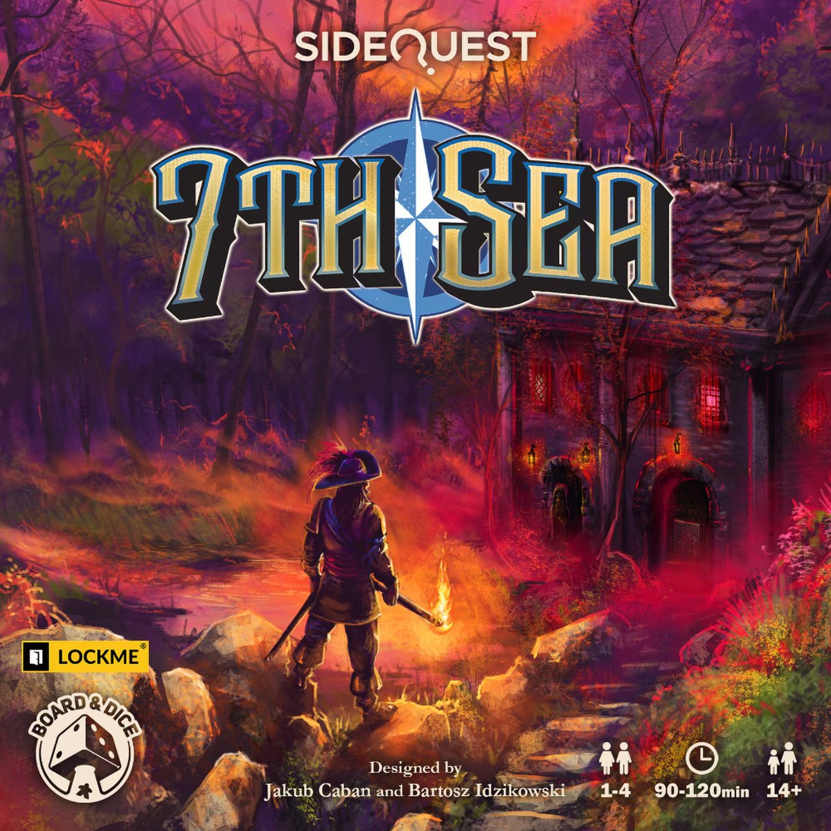 Side Quest 7th Sea cover artwork showing an adventurer with a torch approaching a mysterious building through a colourful forest
