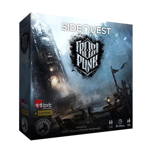 Side Quest Frostpunk cooperative puzzle board game box featuring the frozen Generator settlement
