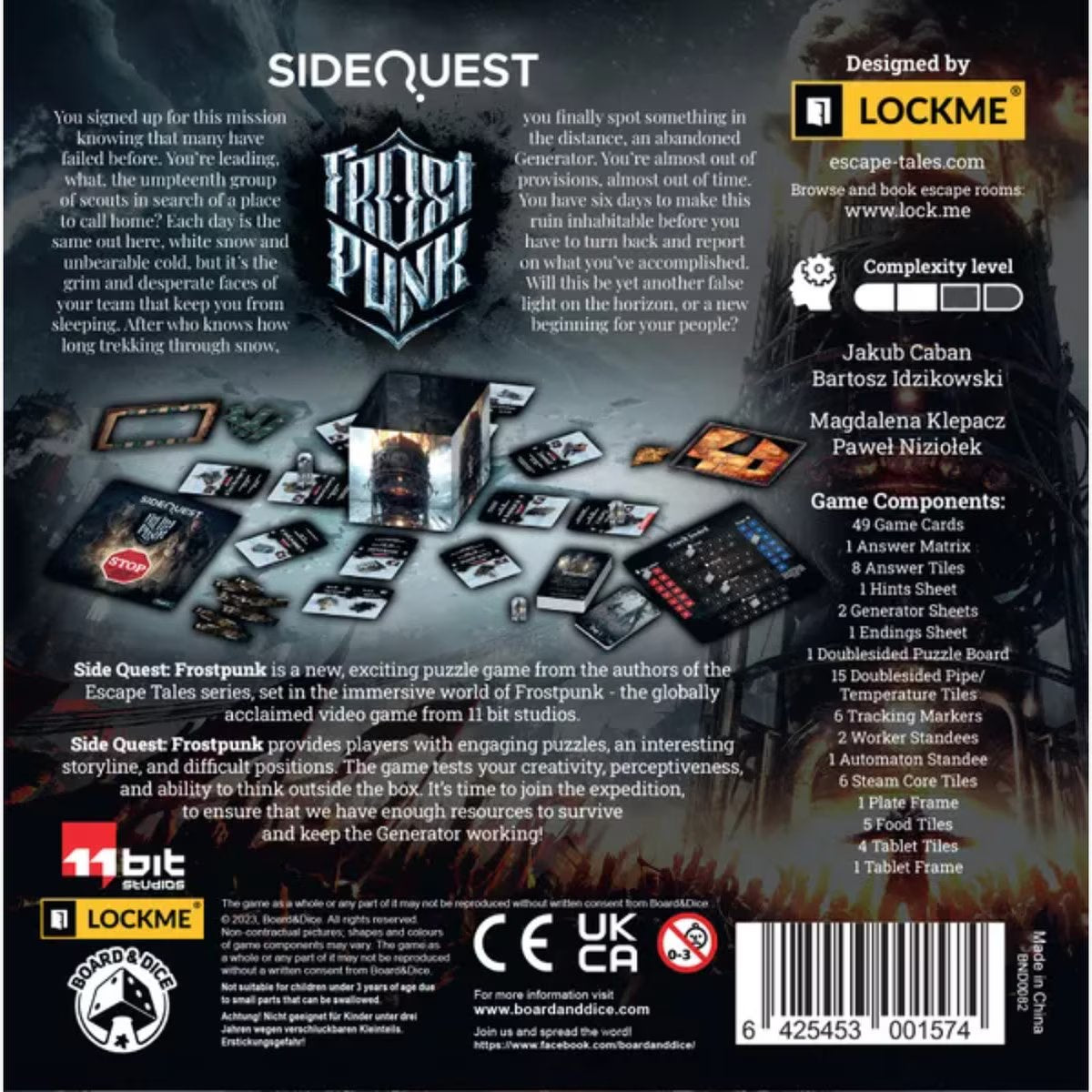 Side Quest Frostpunk board game back showing puzzle components cards standees tiles and survival game information