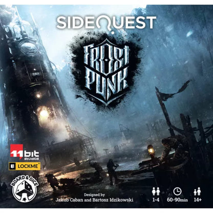 Side Quest Frostpunk board game cover showing survivors exploring a frozen post-apocalyptic Generator settlement