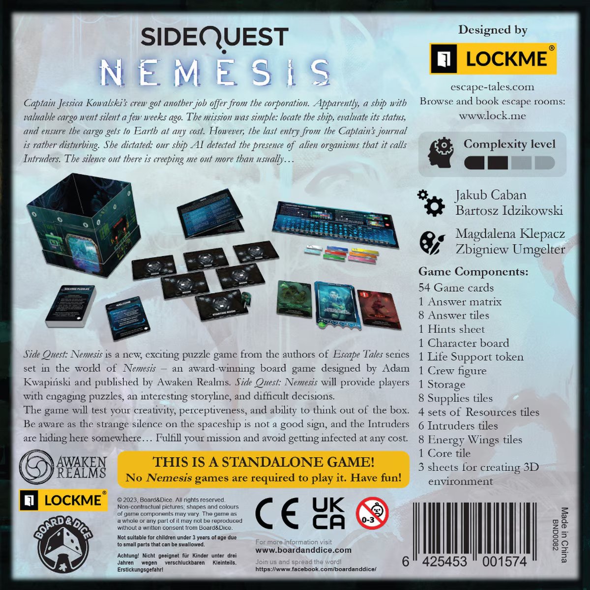 Side Quest Nemesis game box back showing puzzle cards, answer components, character board, tiles and three-dimensional game environment