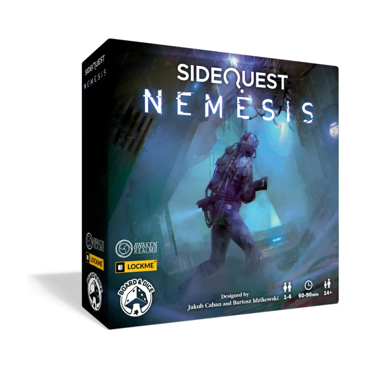 Side Quest Nemesis cooperative puzzle game box showing an armed crew member exploring a dark blue sci-fi spaceship