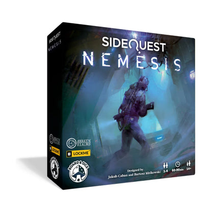 Side Quest Nemesis cooperative puzzle game box showing an armed crew member exploring a dark blue sci-fi spaceship