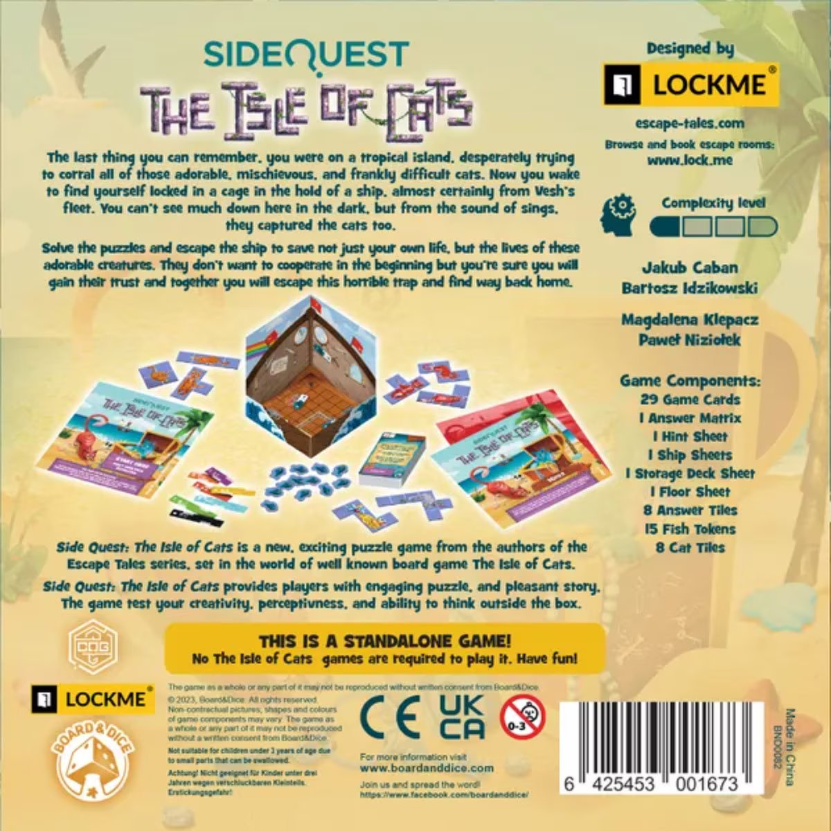 Side Quest The Isle of Cats box back showing puzzle cards, Answer Matrix, cat tiles, fish tokens and three-dimensional ship environment
