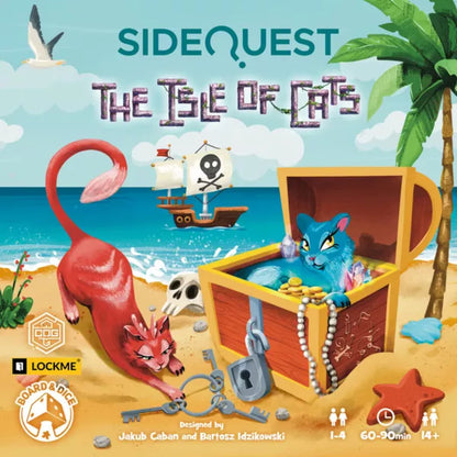 Side Quest The Isle of Cats cooperative puzzle game cover showing colourful cats, a treasure chest and pirate ship on a tropical beach