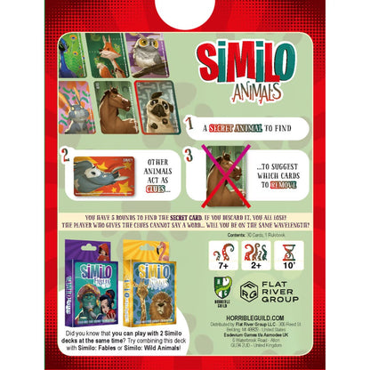 Back of Similo Animals card game pack showing secret animal clue rules and 2 plus player details
