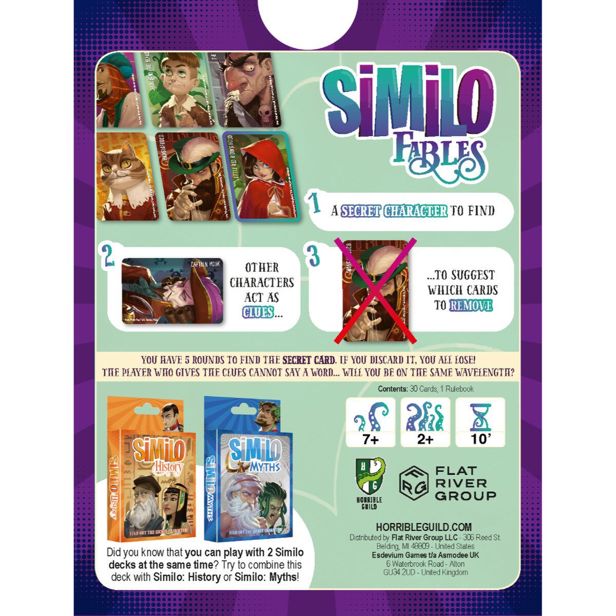 Back of Similo Fables card game pack showing secret character clue rules and 2 plus player details