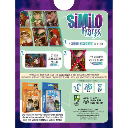 Back of Similo Fables card game pack showing secret character clue rules and 2 plus player details