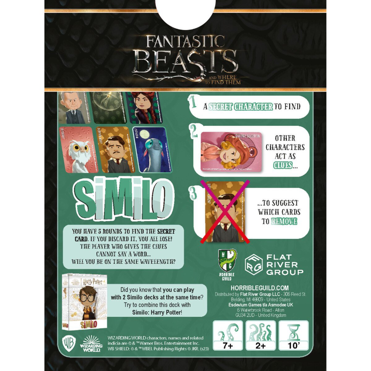 Back of Similo Fantastic Beasts card game box showing secret character clue rules and 2 plus player details