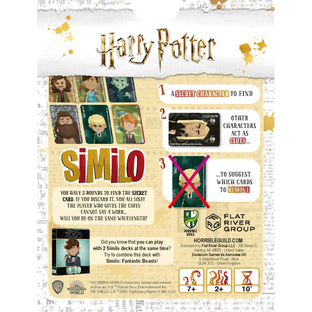 Back of Similo Harry Potter card game box showing secret character clue rules and 2 plus player details