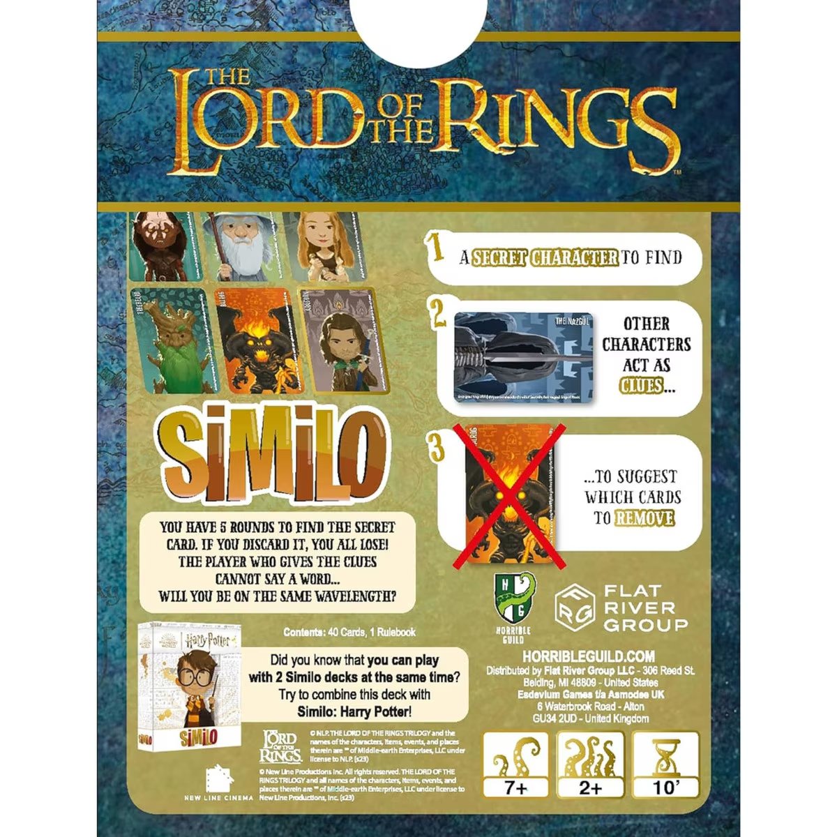 Back of Similo The Lord of the Rings card game pack showing secret character clue rules and 2 plus player details