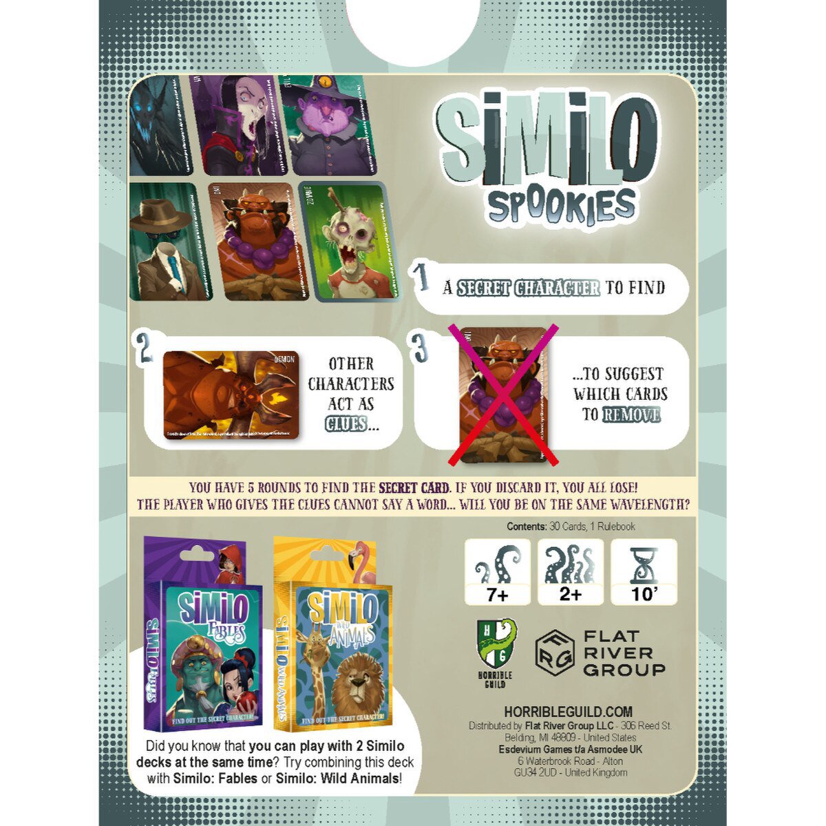 Back of Similo Spookies card game pack showing secret character clue rules and 2 plus player details