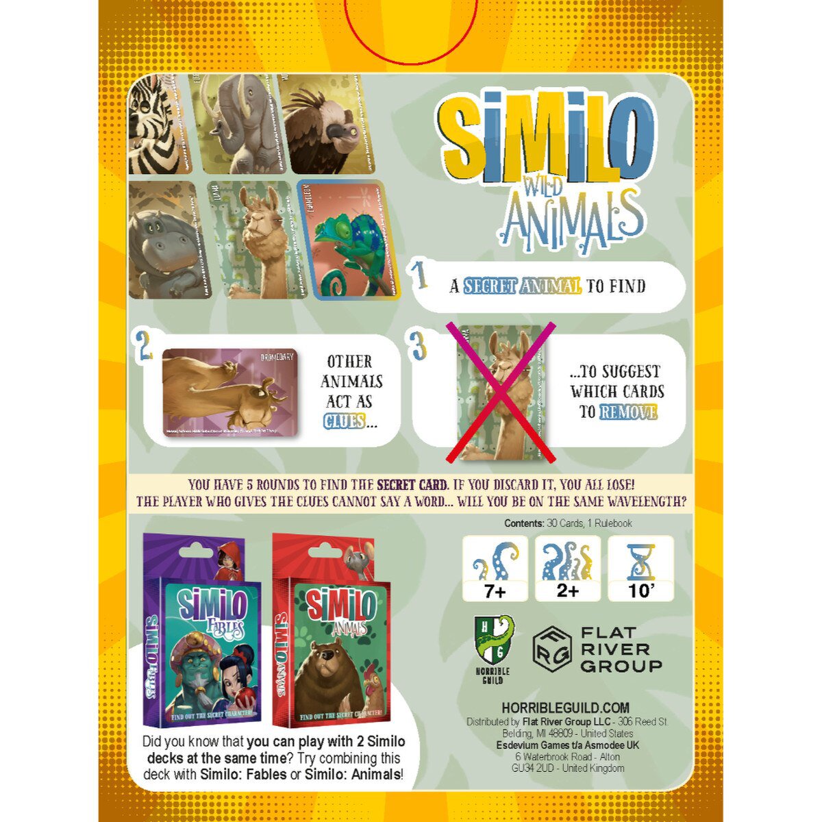 Back of Similo Wild Animals card game pack showing secret animal clue rules and 2 plus player details