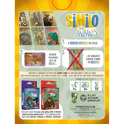 Back of Similo Wild Animals card game pack showing secret animal clue rules and 2 plus player details