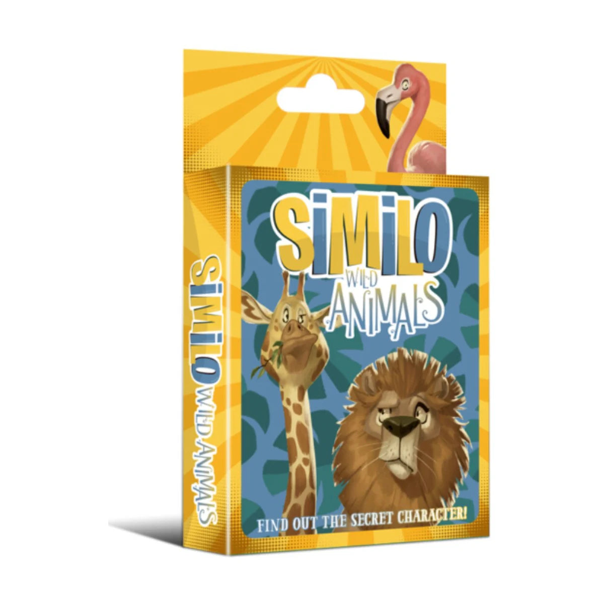 Similo Wild Animals card game angled pack front showing giraffe, lion and flamingo artwork