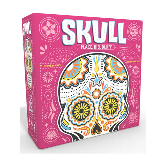 Skull bluffing game box featuring pink artwork with a decorative sugar skull design