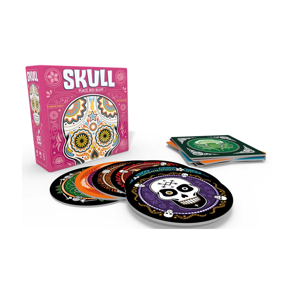 Skull bluffing game box with discs and cards